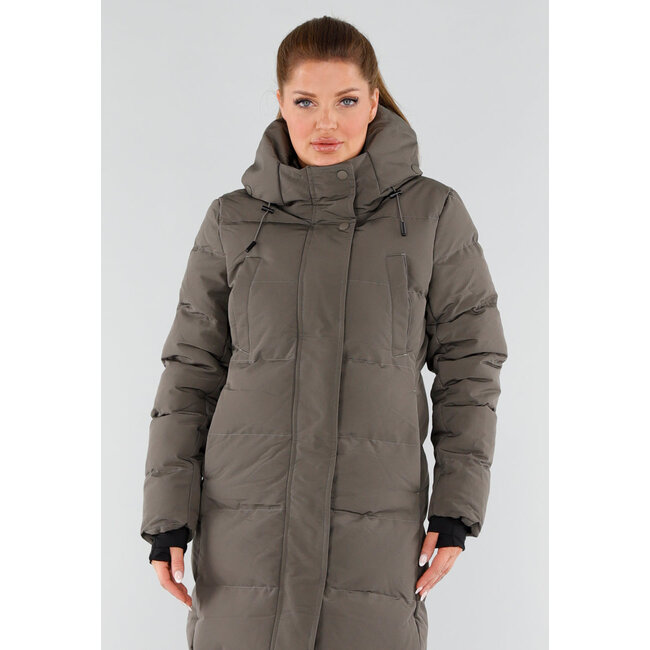 Khaki Lange Pufferjacke mit Kapuze und hohem Kragen