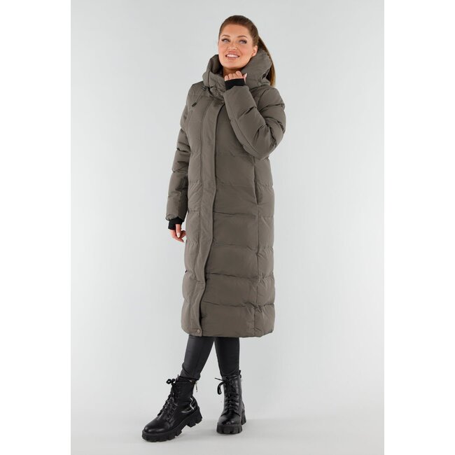 Khaki Lange Pufferjacke mit Kapuze und hohem Kragen