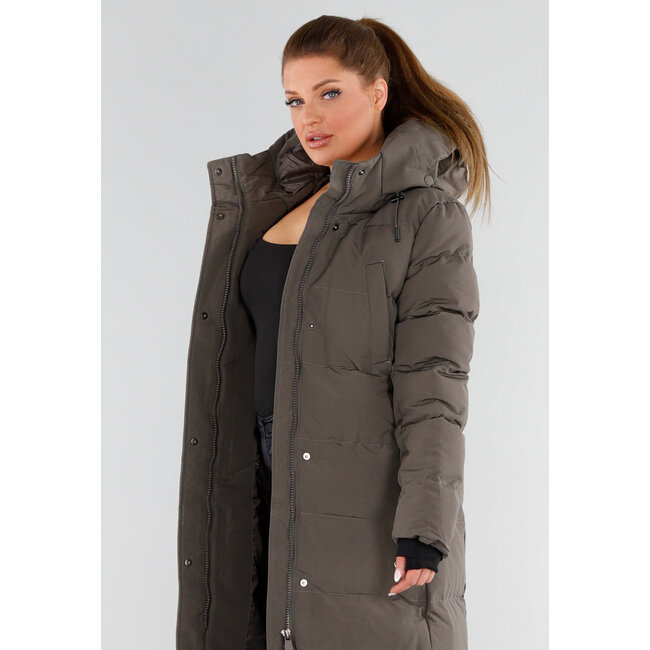 Khaki Lange Pufferjacke mit Kapuze und hohem Kragen