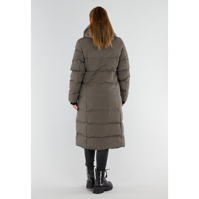 Khaki Lange Pufferjacke mit Kapuze und hohem Kragen