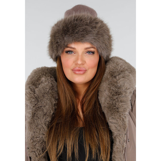 Beige Gebreide Muts met Brede Faux Fur Rand