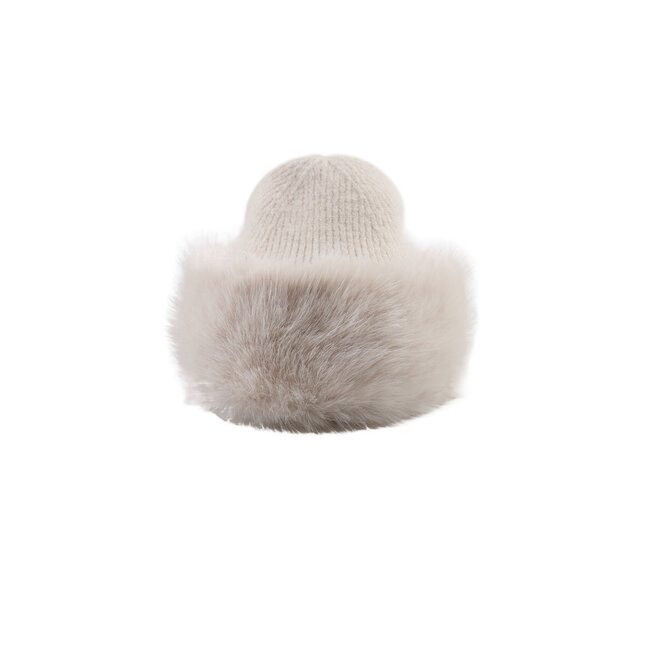 Beige Gebreide Muts met Brede Faux Fur Rand