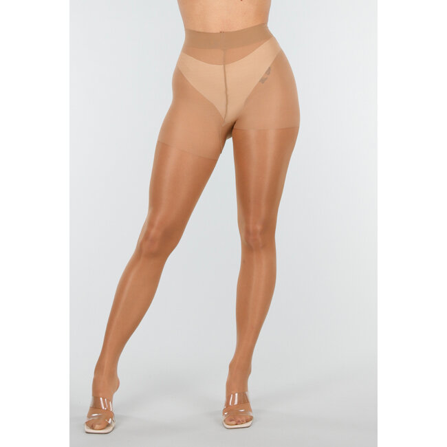 Beigefarbene, glänzende Strumpfhose mit hoher Taille und formender Wirkung
