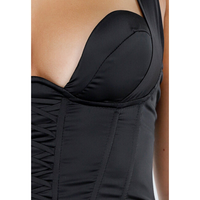Schwarzes Satinkleid mit Korsettoptik und Stretch