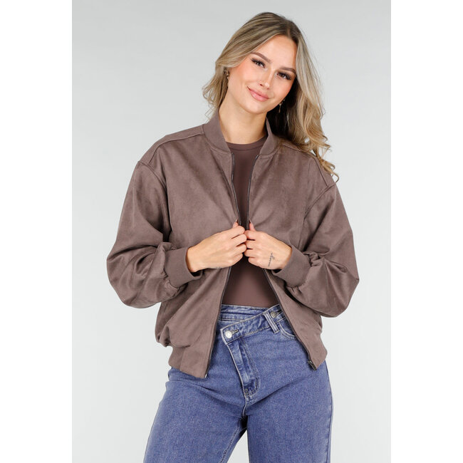 Braun-graue Bomberjacke mit Reißverschluss und gerippten Bündchen