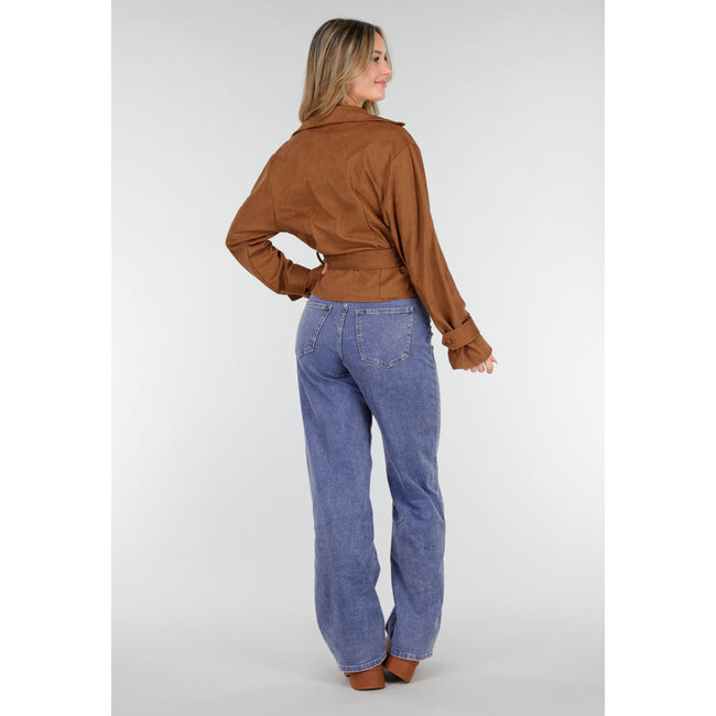 Brauner Mantel im Wildleder-Look mit Schleifengürtel