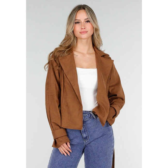 Brauner Mantel im Wildleder-Look mit Schleifengürtel