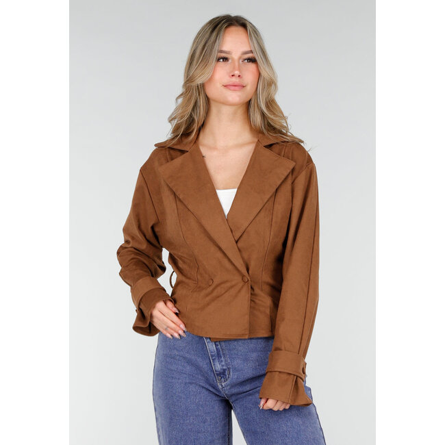 Brauner Mantel im Wildleder-Look mit Schleifengürtel