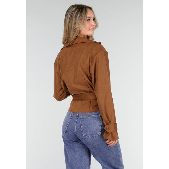 Brauner Mantel im Wildleder-Look mit Schleifengürtel