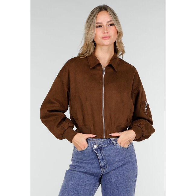 Dunkelbraune Jacke im Wildleder-Look mit Reißverschluss