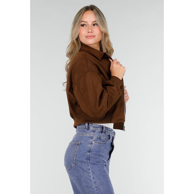 Dunkelbraune Jacke im Wildleder-Look mit Reißverschluss