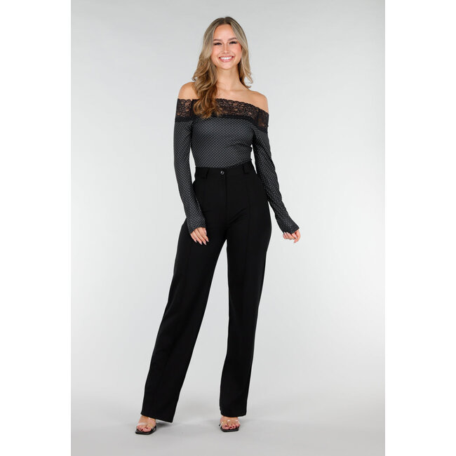 Schwarzes Off-Shoulder-Stretch-Oberteil mit Spitze und Punktmuster