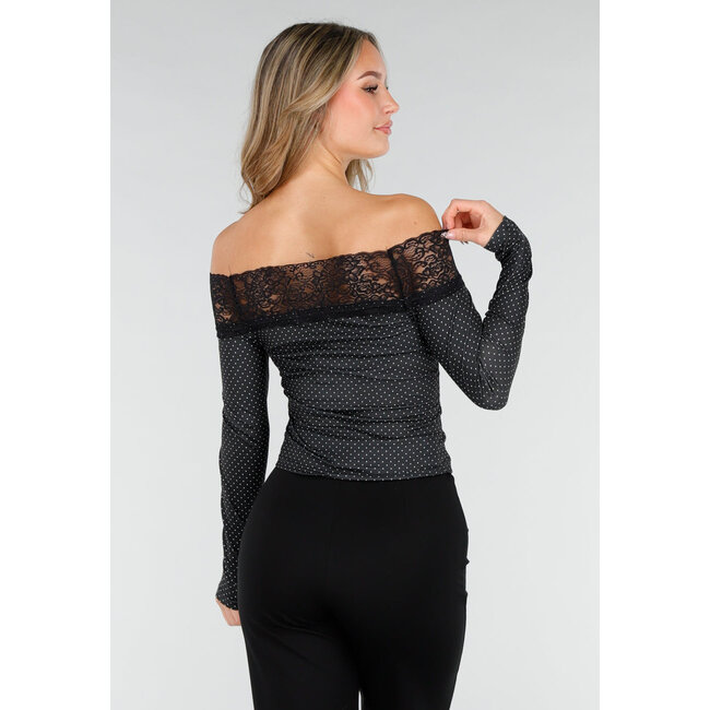 Schwarzes Off-Shoulder-Stretch-Oberteil mit Spitze und Punktmuster