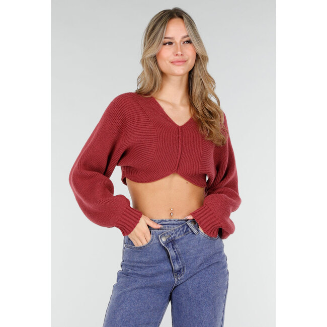 Bordeauxroter, kurz geschnittener Strickpullover mit Ballonärmeln