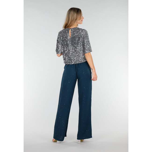 Blaue Hose in Leinenoptik mit Glitzer und Stretchbund