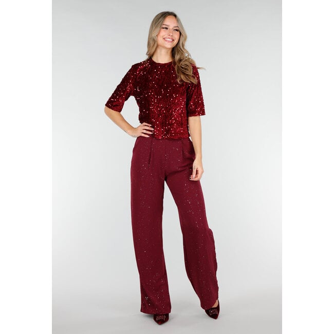 Bordeauxrote Samtpumps mit spitzer Zehenpartie und mittelhohem Absatz