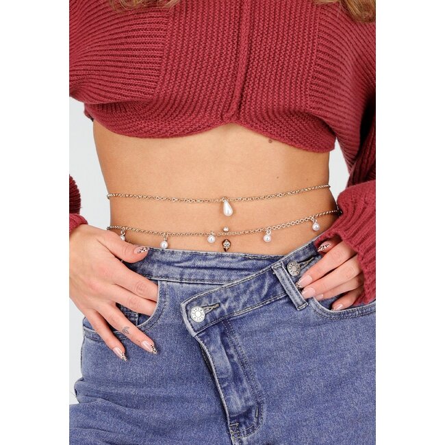 Goldene Körperkette mit Perlenanhängern und doppelter Gliederkette