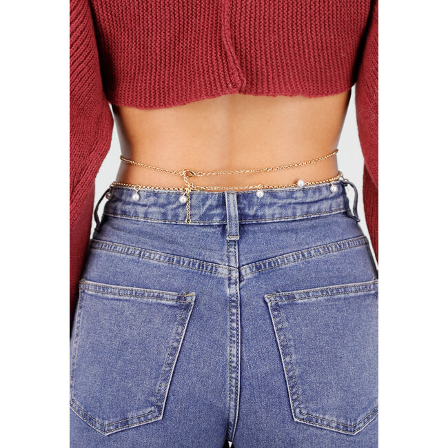 Goldene Körperkette mit Perlenanhängern und doppelter Gliederkette