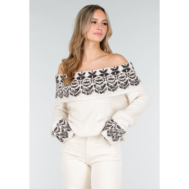 Cremefarbener Off-Shoulder-Strickpullover aus Stretchwolle mit braunem Muster