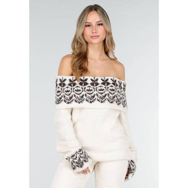 Cremefarbener Off-Shoulder-Strickpullover aus Stretchwolle mit braunem Muster