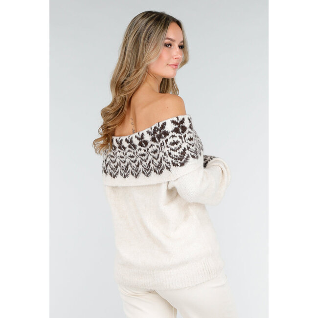 Cremefarbener Off-Shoulder-Strickpullover aus Stretchwolle mit braunem Muster