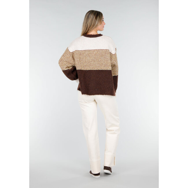 Braune gestreifte Strickjacke aus Wolle mit Knöpfen