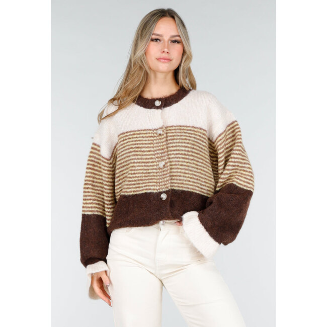 Braune gestreifte Strickjacke aus Wolle mit Knöpfen