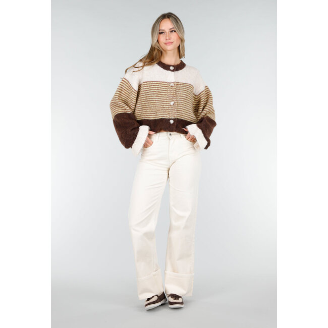 Braune gestreifte Strickjacke aus Wolle mit Knöpfen