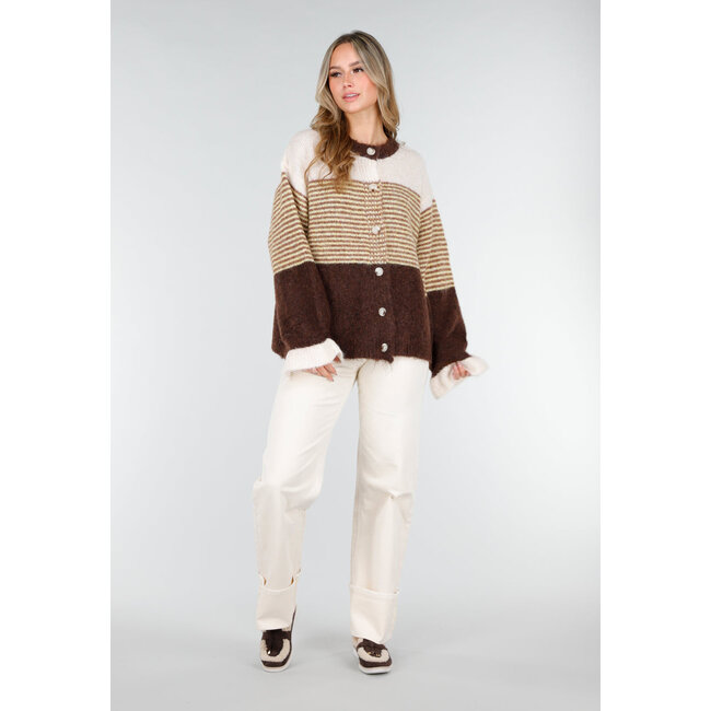 Braune gestreifte Strickjacke aus Wolle mit Knöpfen