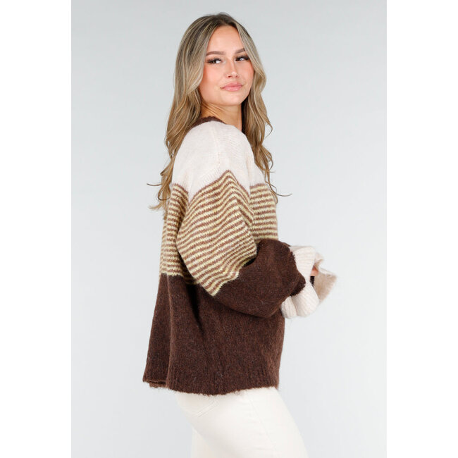 Braune gestreifte Strickjacke aus Wolle mit Knöpfen