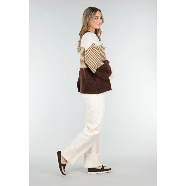 Braune gestreifte Strickjacke aus Wolle mit Knöpfen