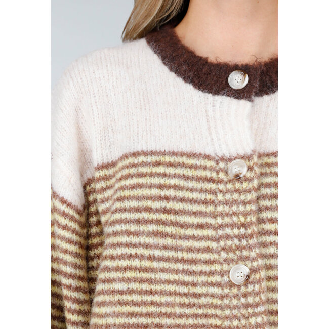 Braune gestreifte Strickjacke aus Wolle mit Knöpfen