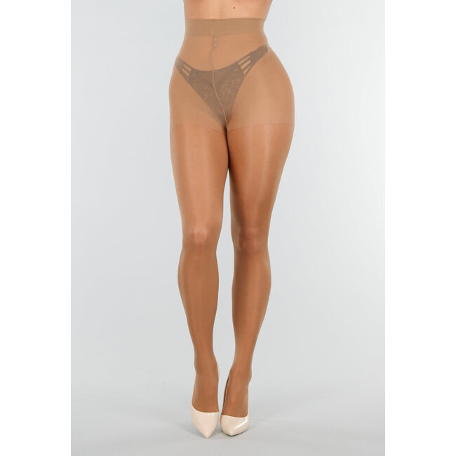 Beigefarbene, glänzende Strumpfhose mit hoher Taille und formender Wirkung