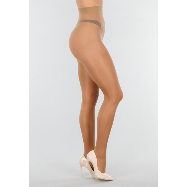 Beigefarbene, glänzende Strumpfhose mit hoher Taille und formender Wirkung
