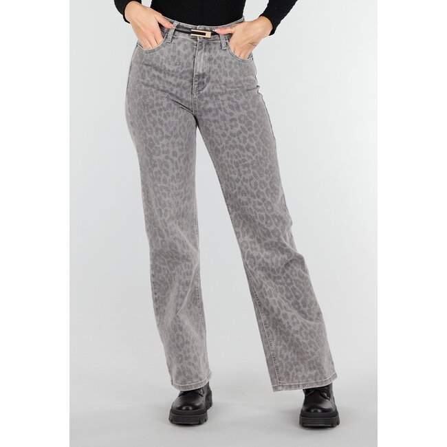 Graue Jeans mit Leopardenmuster und geradem Bein