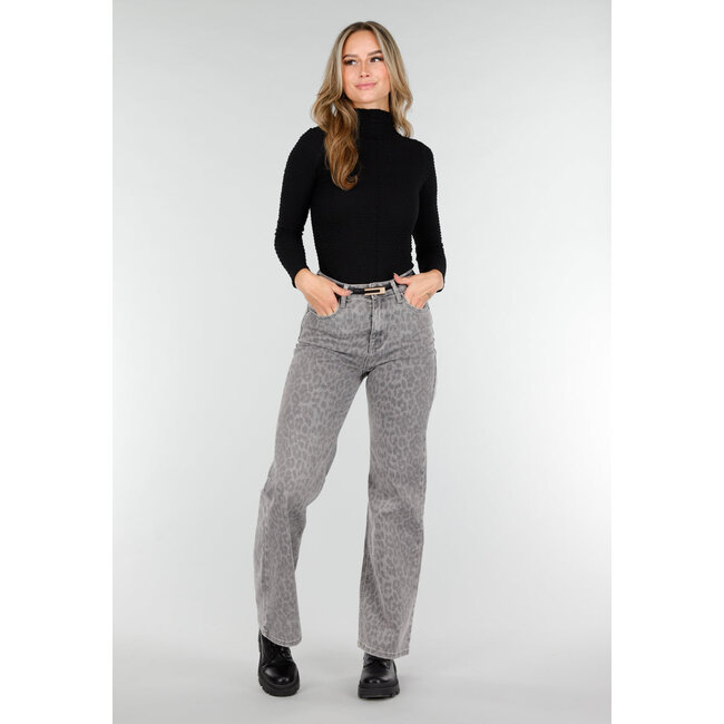 Graue Jeans mit Leopardenmuster und geradem Bein
