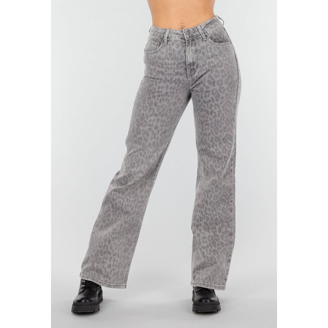 Graue Jeans mit Leopardenmuster und geradem Bein
