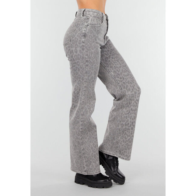 Graue Jeans mit Leopardenmuster und geradem Bein