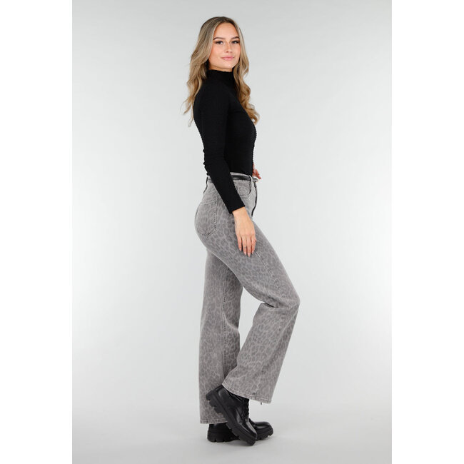 Graue Jeans mit Leopardenmuster und geradem Bein