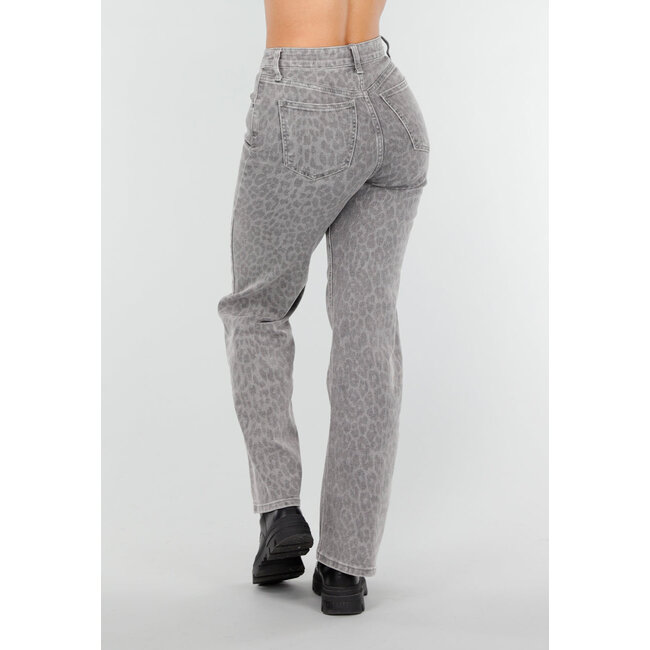 Graue Jeans mit Leopardenmuster und geradem Bein