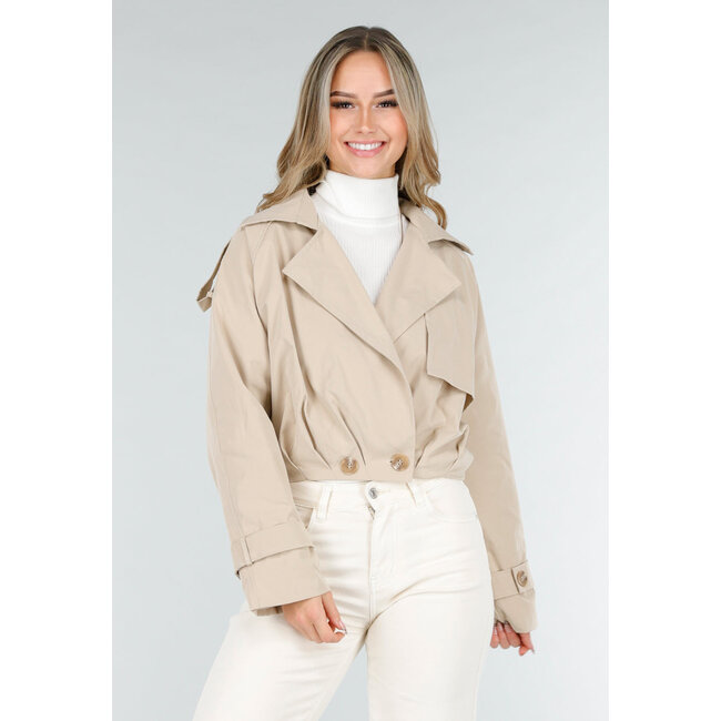 Light Beige Short Trench Coat with Buttons and Lapel Collar