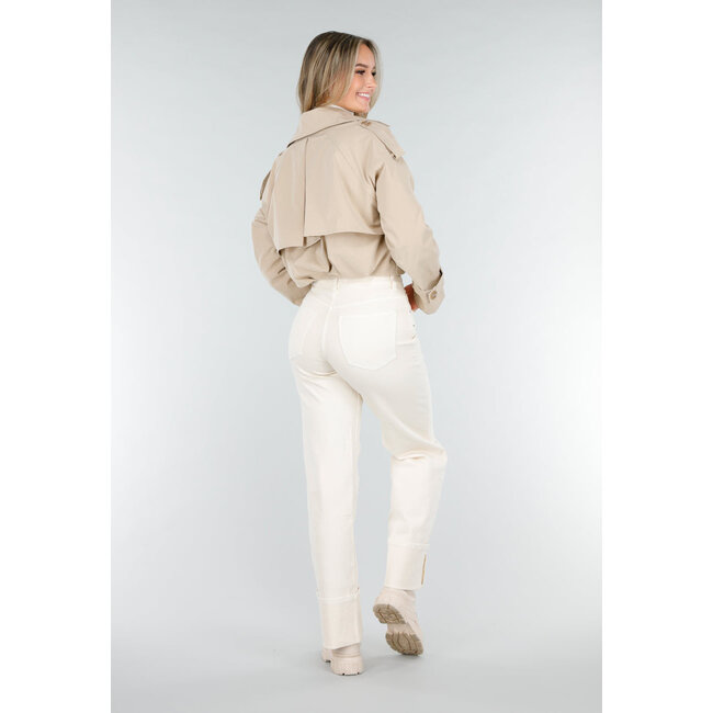 Light Beige Short Trench Coat with Buttons and Lapel Collar