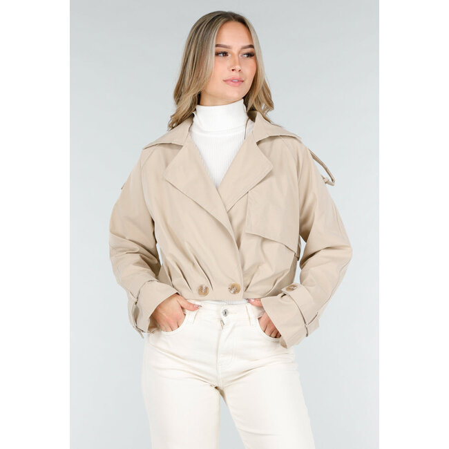 Light Beige Short Trench Coat with Buttons and Lapel Collar