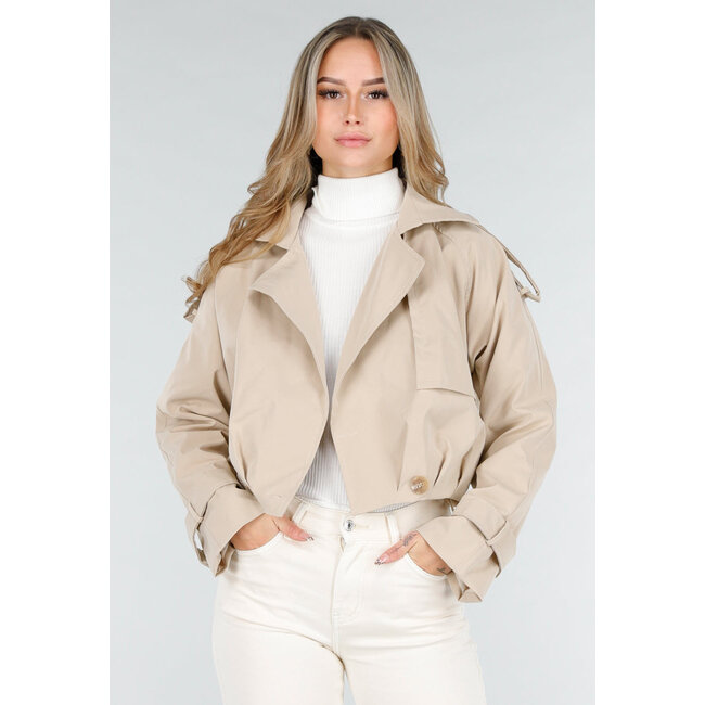 Light Beige Short Trench Coat with Buttons and Lapel Collar