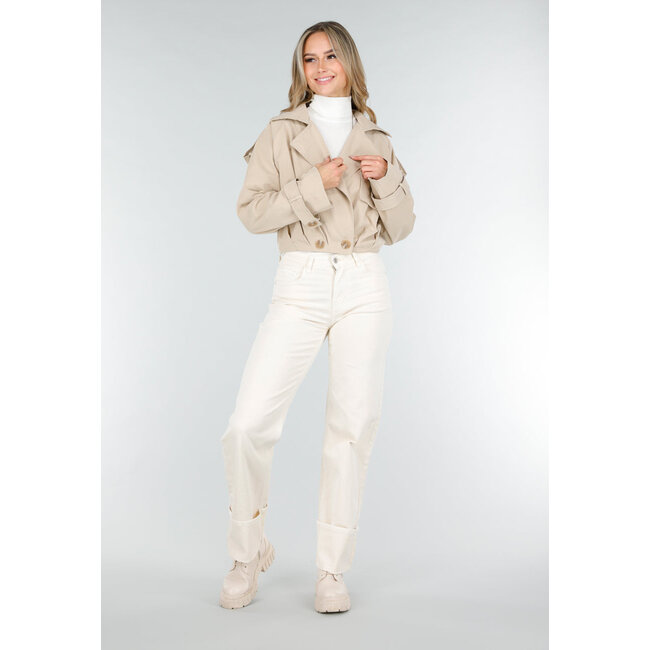 Light Beige Short Trench Coat with Buttons and Lapel Collar