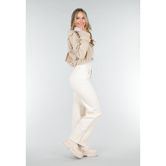 Light Beige Short Trench Coat with Buttons and Lapel Collar