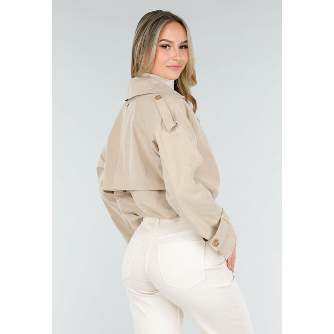 Light Beige Short Trench Coat with Buttons and Lapel Collar