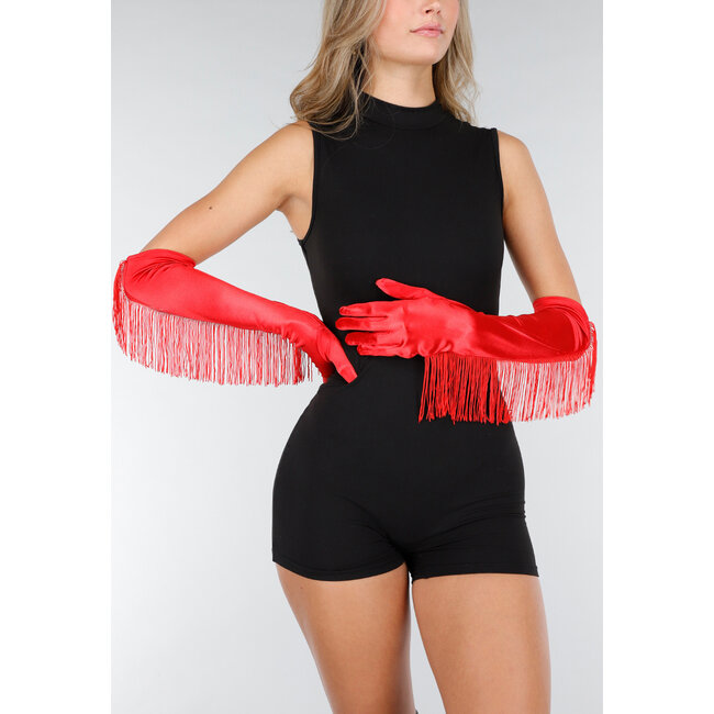 Rote Satin-Opernhandschuhe mit Fransen und glänzendem Finish