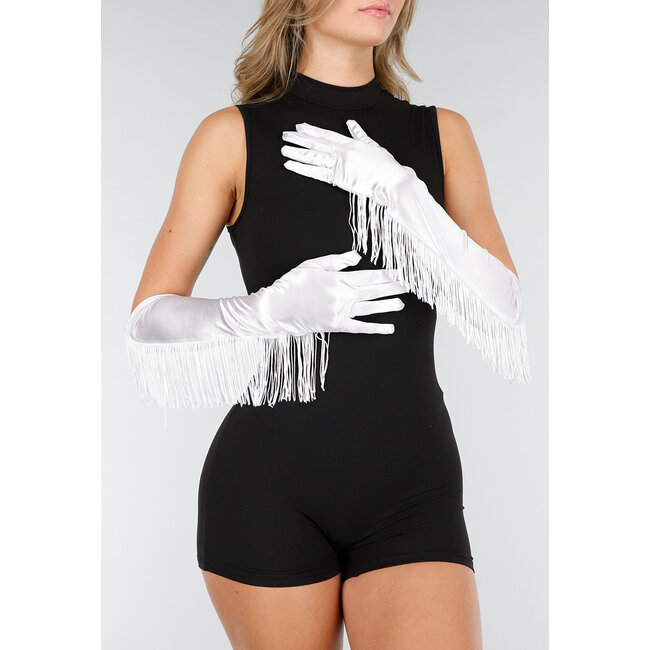 Weiße Opernhandschuhe in Satinoptik mit Fransen und glänzendem Finish