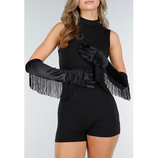 Schwarze Stretch-Handschuhe mit Fransen